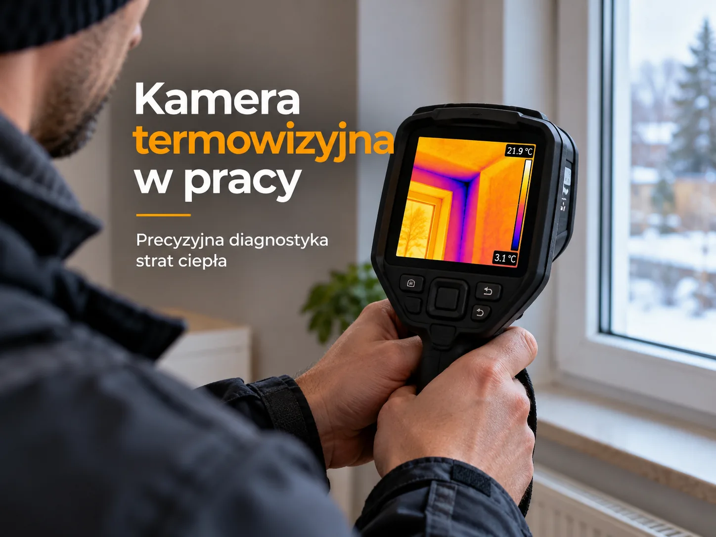 Kamera termowizyjna w dłoniach podczas skanowania ściany w pokoju