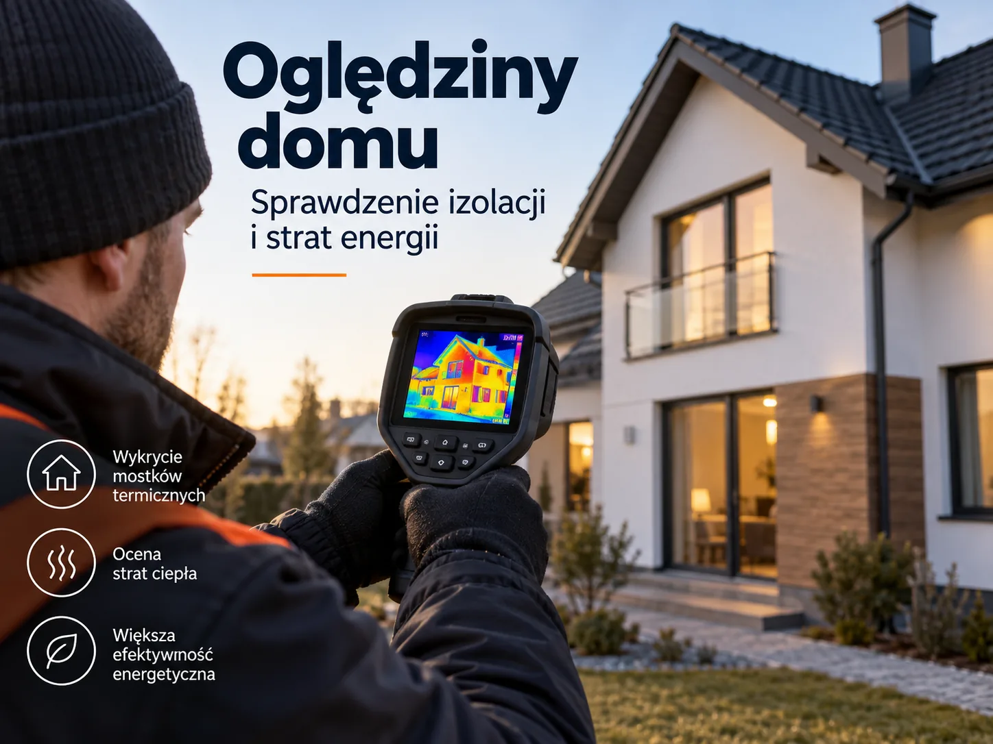 Dom jednorodzinny o poranku, przed nim kamera termowizyjna na statywie
