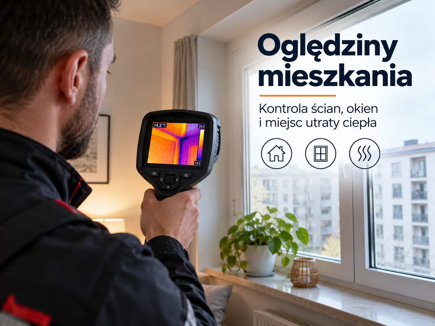 Kamera termowizyjna na statywie w pokoju, skierowana na ścianę przy oknie