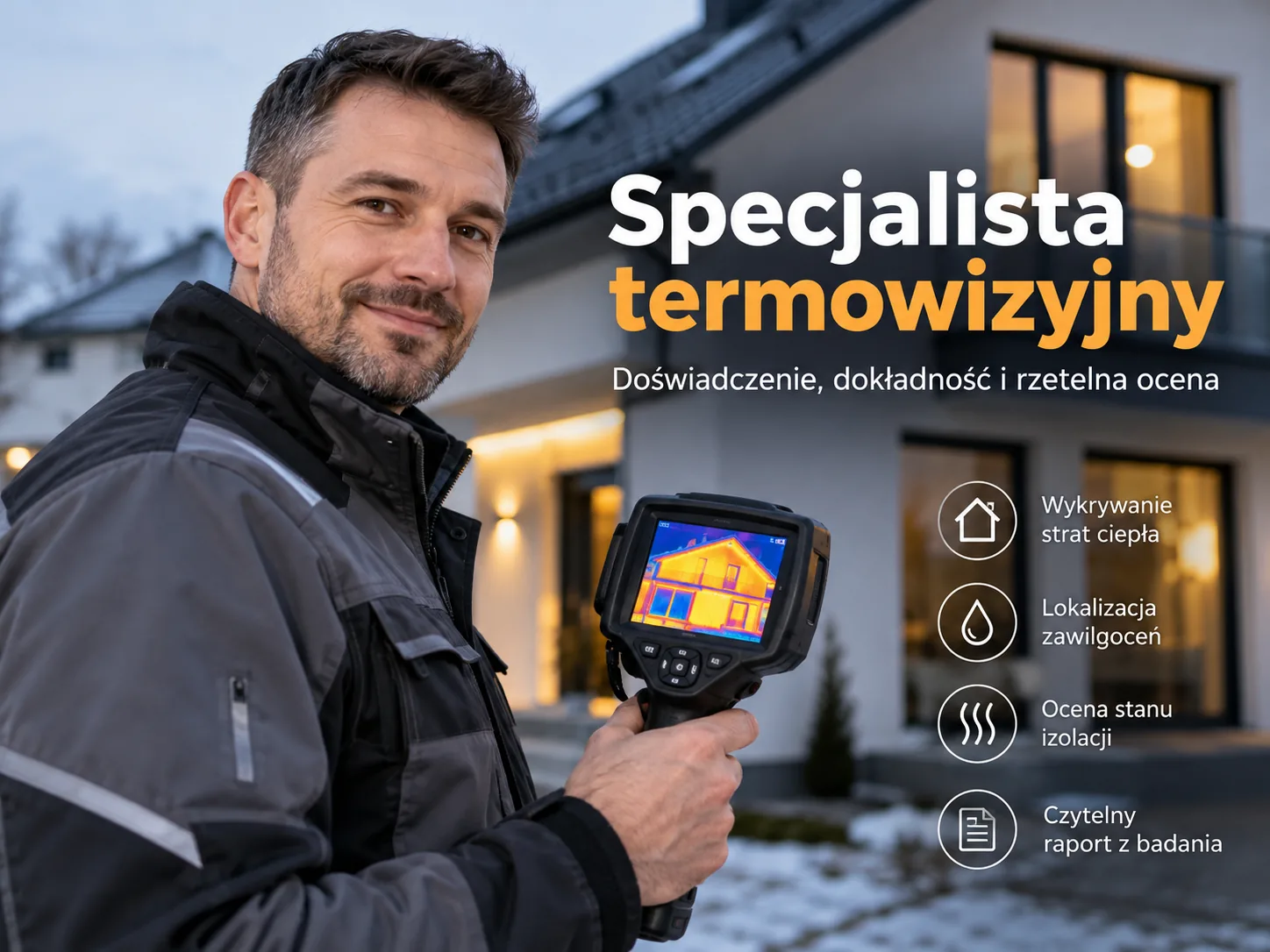 Portret Tomasz Mroziński, który trzyma kamerę termowizyjną w jasnym wnętrzu