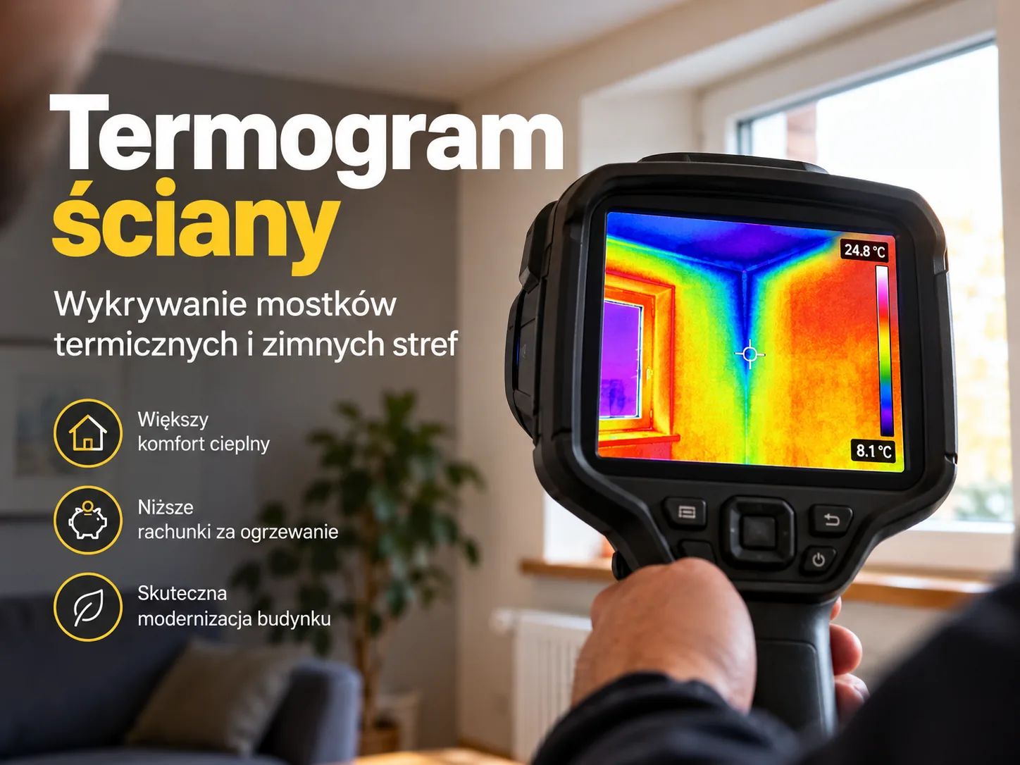 Termogram ściany z zaznaczonymi punktami pomiarowymi i skalą temperatur